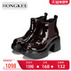 Hongkee 红科短靴女2025新款 防水台厚底粗跟亮面切尔西靴HA85M416