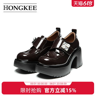 Hongkee/红科女鞋2025秋季新款厚底粗高跟时尚通勤单鞋HA85M314
