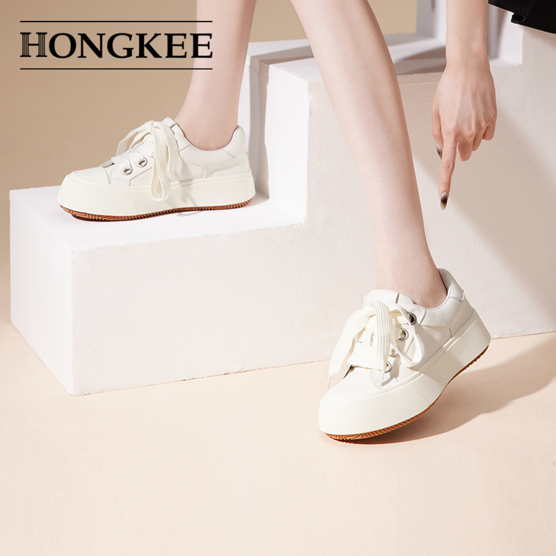 Hongkee/红科女鞋2024秋新款休闲鞋子舒适厚底板鞋小白鞋HD94D311