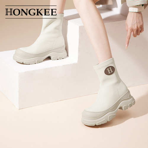 Hongkee/红科短靴女2024秋冬女鞋厚底套筒弹力女靴白靴子H804D412