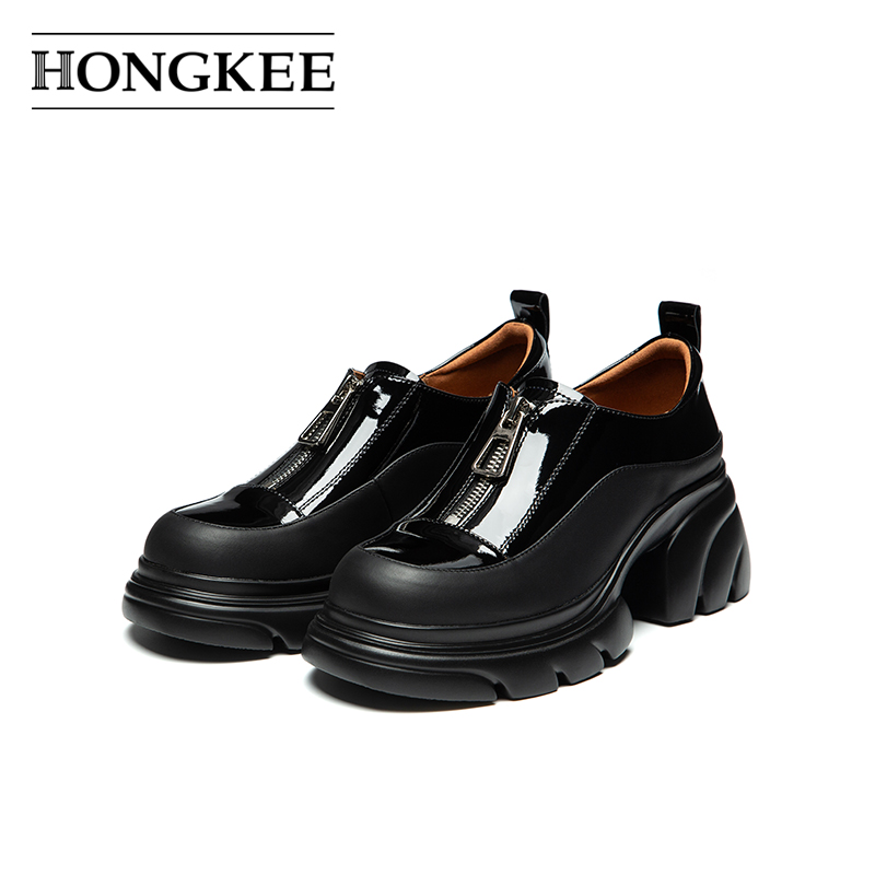 Hongkee/红科女鞋2025秋季新款厚底时尚前拉链深口单鞋H815D310