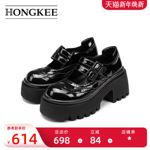 厚底学院风玛丽珍鞋 Hongkee 新款 女2024秋季 子HD94D315 红科单鞋