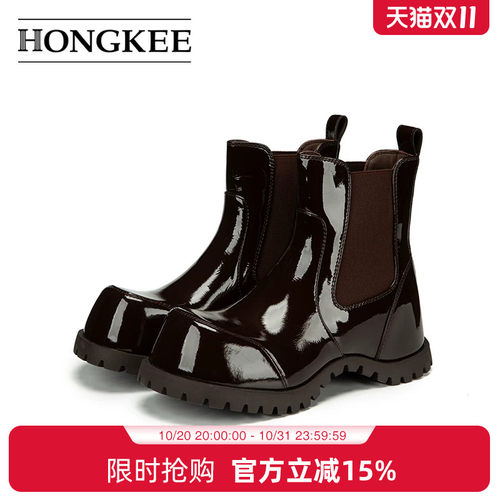 Hongkee/红科2025冬季新款女靴复古大圆头休闲切尔西短靴H805D424