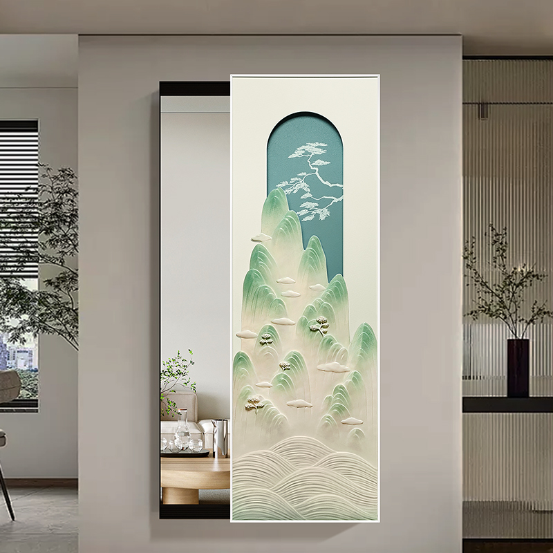 福雕玄关高档镜子画轻奢风暗藏式穿衣镜装饰画浮雕隐形推拉全身镜图片
