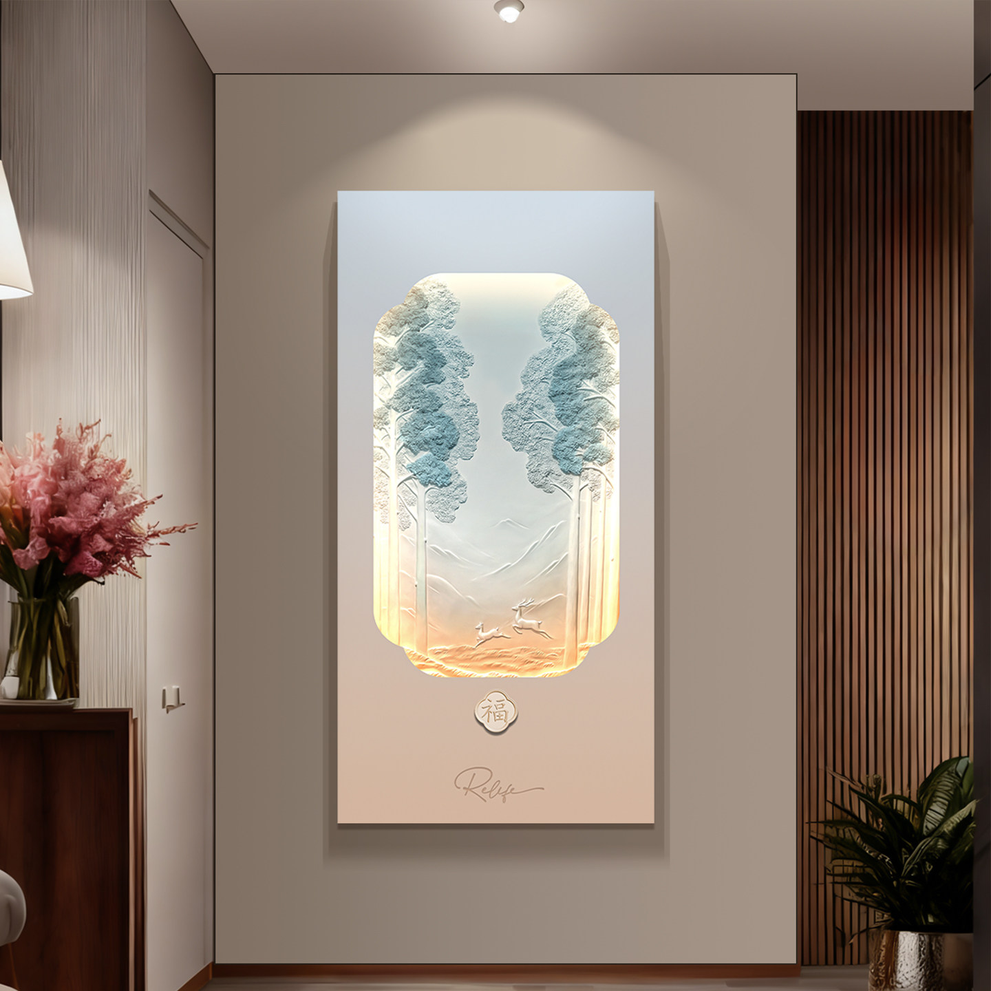 冬季新品-新中式现代轻奢3D浮雕立体装饰画玄关画双鹿迎晖挂画