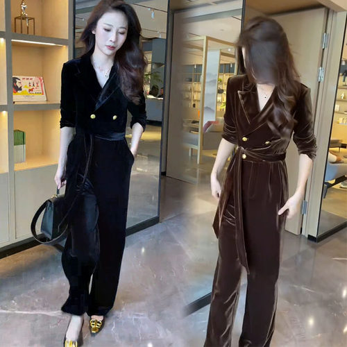 西装领连体衣腰带阔腿高腰连体裤