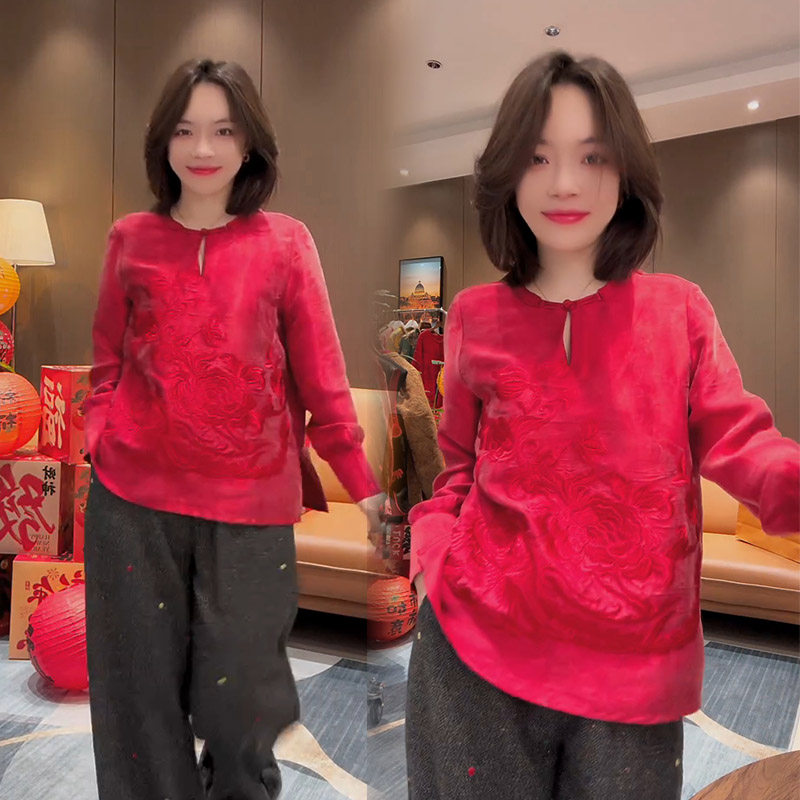新年国风衬衫女2026春新款重工刺绣中式盘扣侧开叉本命年红色上衣,女装/女士精品,衬衫,淘宝优惠券,粉丝福利购,淘宝优惠卷