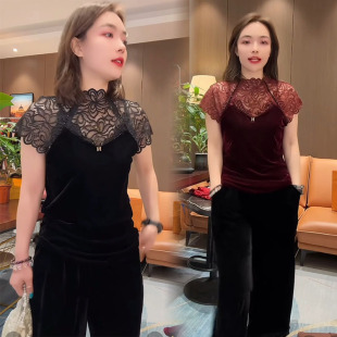 时髦女衫2025早秋新款设计感蕾丝拼接镂空小性感丝绒t恤短袖打底