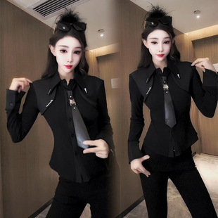 显瘦加绒打底衫 气质女神范设计感领带修身 女2025秋冬新款 欧货衬衫