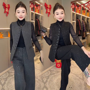 后开叉马夹阔腿裤 通勤时尚 气质修身 女2025春新款 显瘦冬两件套 套装