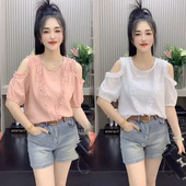 设计感纯色百搭防晒上衣女 韩版 网红2023夏新款 洋气露肩木耳边衬衫