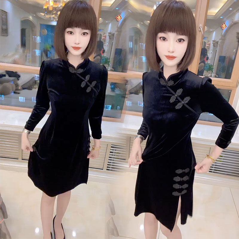 通勤黑色丝绒盘扣长袖开叉旗袍裙