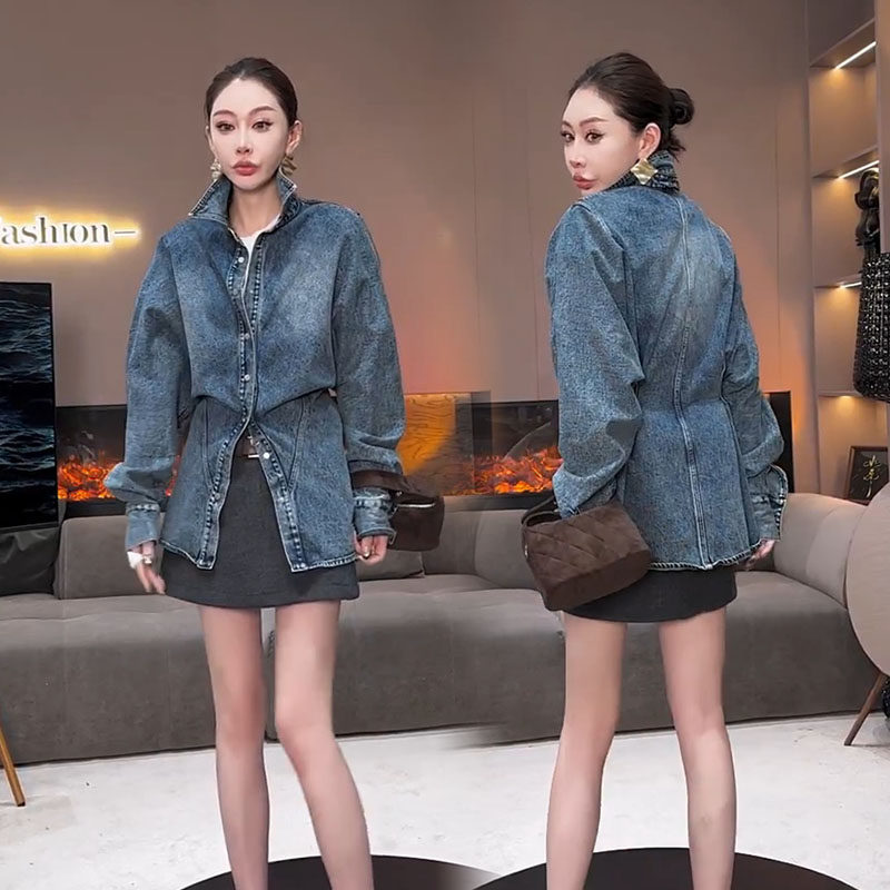 牛仔衬衫女2026春新款休闲百搭韩范女神收腰显瘦蝙蝠袖中长款外套