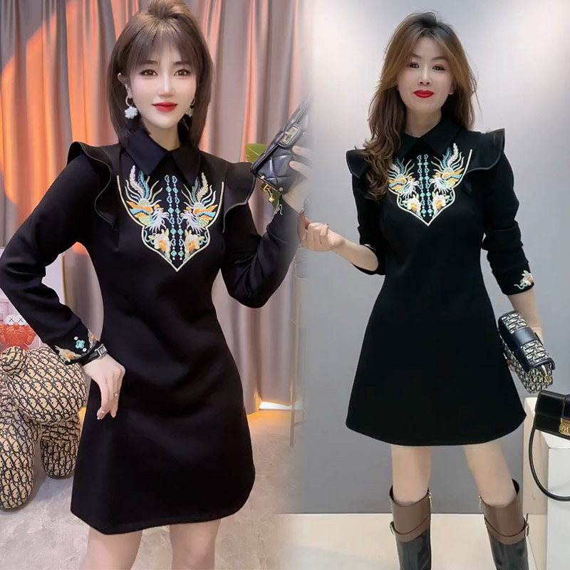 通勤凤凰刺绣荷叶边长袖a字裙