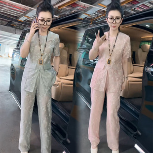 高级感时尚套装女2026夏新款重工刺绣开叉中长款上衣直筒裤两件套