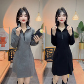 欧货卫衣裙女2026春季 休闲连衣裙冬 显瘦中长款 新款 简约半拉链修身