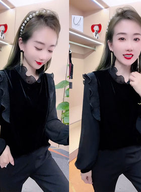 通勤长袖飞边假两件显瘦丝绒衬衫