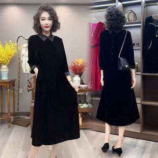网红2023秋季 丝绒连衣裙女气质名媛POLO领长款 修身 显瘦打底裙 新款