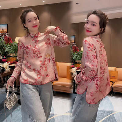 新年国风长袖香云纱盘扣花色衬衫