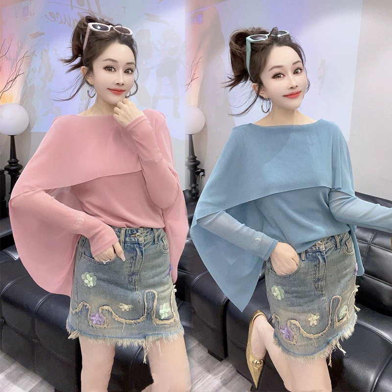 时髦t恤2026春夏新款设计气质多种穿法女神范一字肩网纱披肩上衣