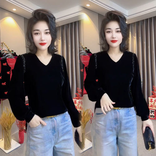 长袖休闲V领串珠百搭丝绒t恤女