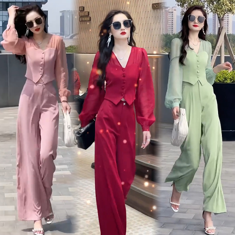 2023春阔腿裤长袖短上衣时尚套装