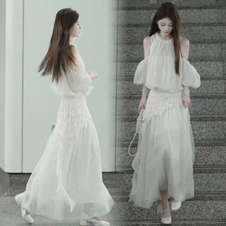 时尚套装女2026夏季新款轻奢风露肩衬衫蕾丝拼接半裙很仙的两件套