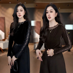 法式丝绒打底衫女2026秋季新款气质女神范镂空蕾丝拼接高级感t恤
