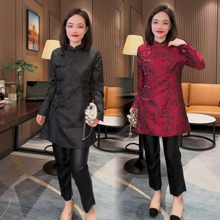 女2024春季 套装 新款 提花盘扣旗袍大衫 国风两件套 新中式 裙皮裤 时尚