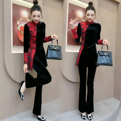 2024秋季旗袍上衣微喇裤时尚套装
