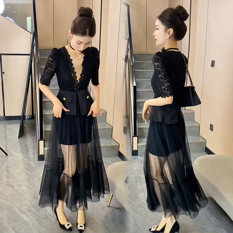 通勤蕾丝网纱拼接荷叶边中袖长裙