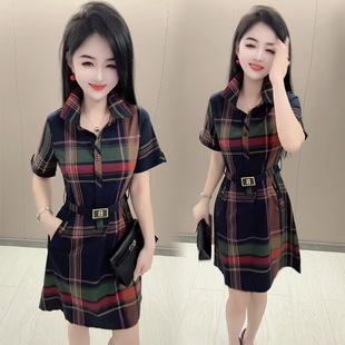 通勤气质领连衣裙女2024夏季新款修身洋气显瘦腰带短袖格子衬衫裙