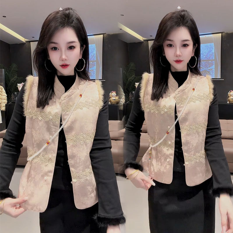 国风盘扣立领蕾丝拼接薄棉马夹