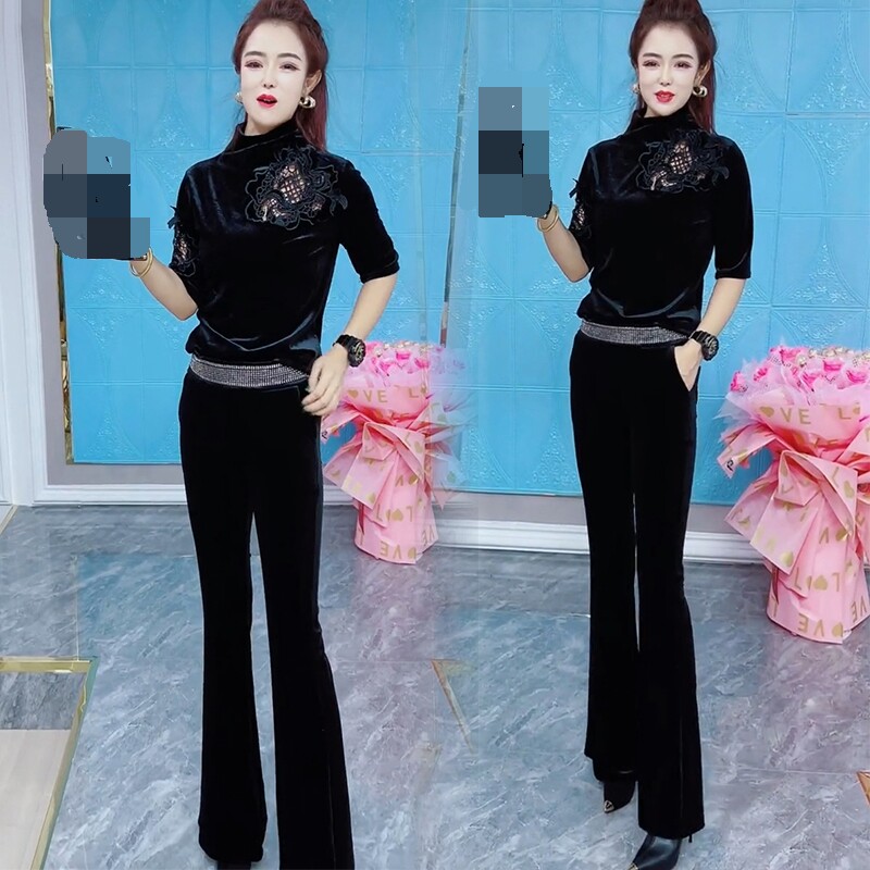 网红时尚套装女新款高级感镂空花半高领丝绒上衣微喇裤两件2022秋,女装/女士精品,时尚套装,淘宝优惠券,粉丝福利购,淘宝优惠卷