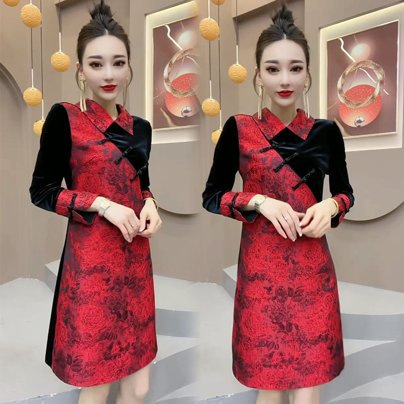 通勤丝绒拼色盘扣不对称旗袍裙