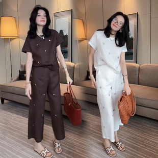欧货时尚套装女2025夏季新款气质老钱风短袖直筒裤显瘦亚麻两件套