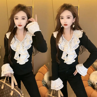 潮 打底衫 时髦t恤女2023秋冬新款 气质女神范荷叶边蕾丝拼接喇叭袖