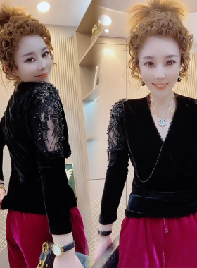 欧货时尚t恤女23023冬季新款重工钉珠蕾丝拼接修身显瘦丝绒打底衫