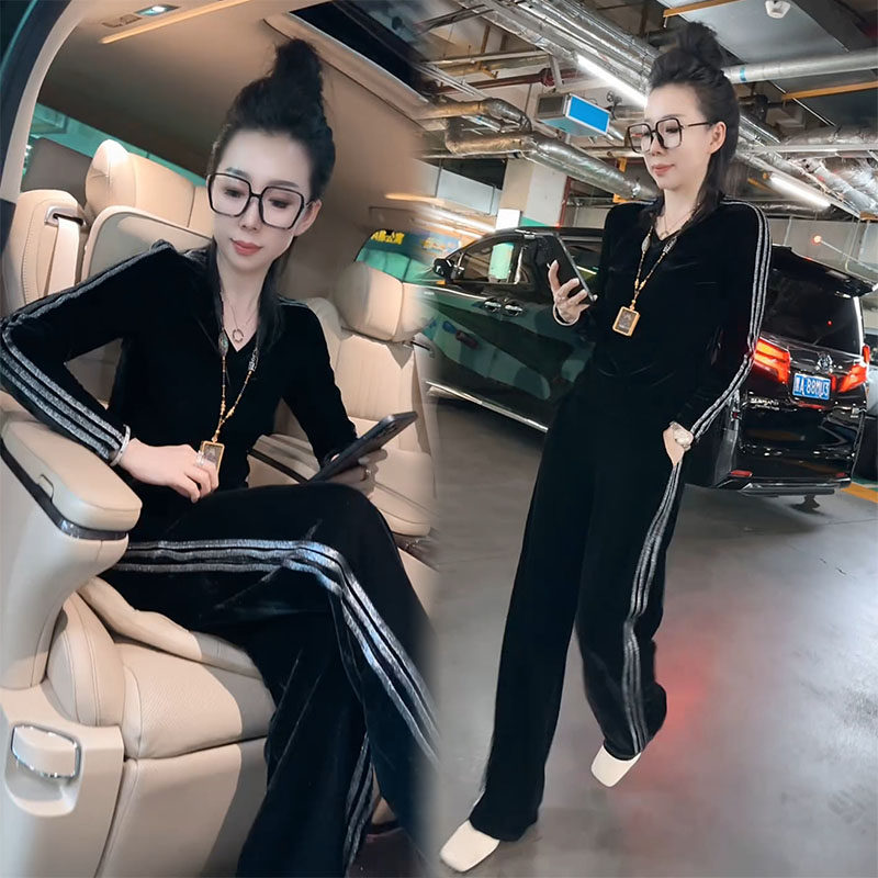 丝绒时尚套装女2025秋新款气质V领长袖t恤阔腿裤显瘦高级感两件套,女装/女士精品,时尚套装,淘宝优惠券,粉丝福利购,淘宝优惠卷