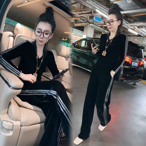 丝绒时尚套装女2025秋新款气质V领长袖t恤阔腿裤显瘦高级感两件套