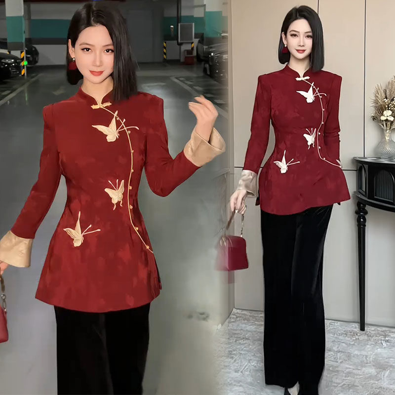 新中式时尚套装女2025冬季新款加绒国风盘扣旗袍上衣阔腿裤两件套,女装/女士精品,时尚套装,淘宝优惠券,粉丝福利购,淘宝优惠卷