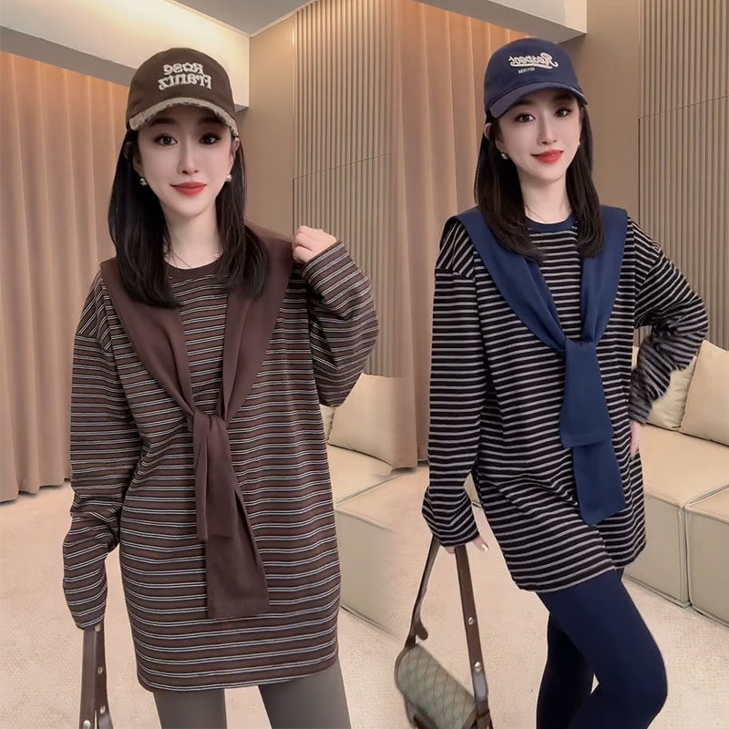 慵懒风卫衣女2025秋季新款设计感减龄显瘦休闲条纹大衫披肩两件套