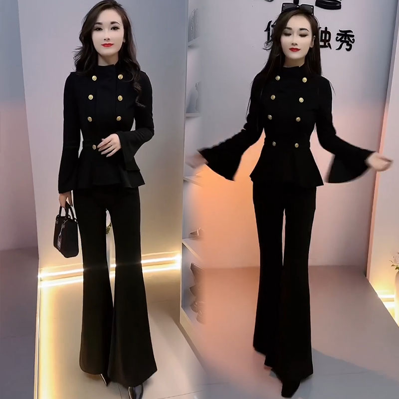 时髦女装2023春新款时尚套装气质修身显瘦上衣喇叭裤OL通勤两件套