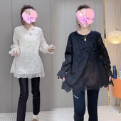 女2025春季 新款 高级感重工刺绣盘扣蕾丝中长款 国风衬衫 显瘦打底衫