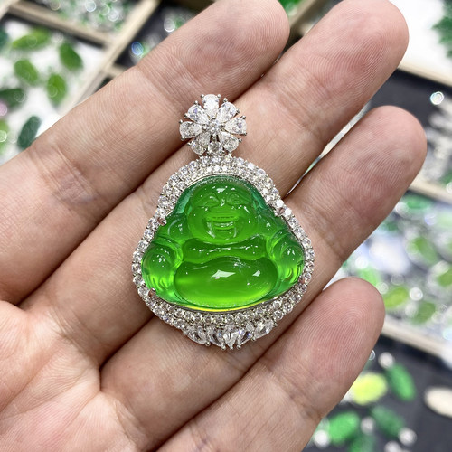冰绿玛瑙佛公吊坠玉髓项链子挂件
