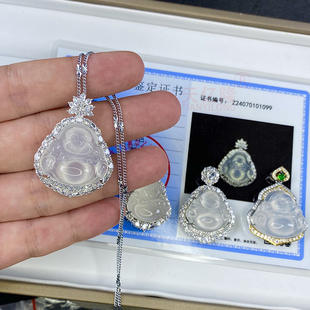天然冰种佛公吊坠子女翡翠色白玉镶嵌宝石玛瑙佛项链子弥勒佛挂件