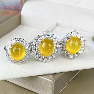 天然黄玉随戒指女款镶嵌银色宝玉石指环轻奢高级感金蜜黄玛瑙手饰