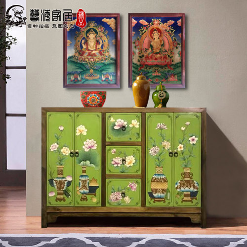 中式实木手工彩绘门厅玄关餐边柜
