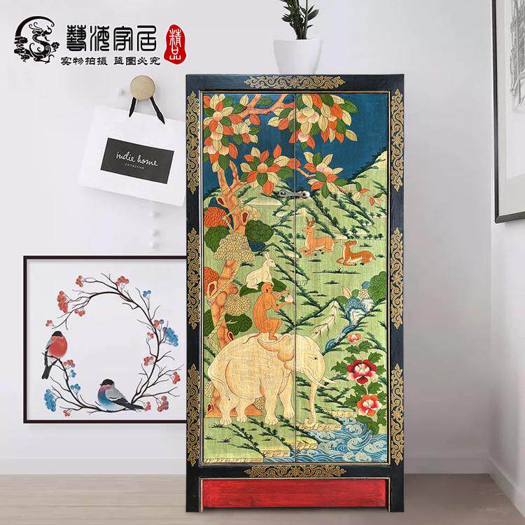新中式实木衣柜榆木复古手绘彩绘高柜家用卧室收纳储物柜衣橱定制