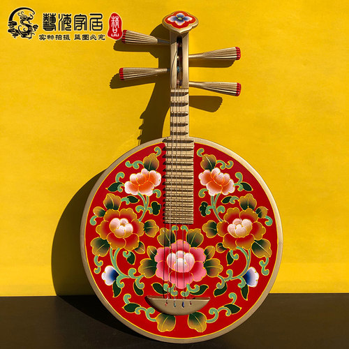 彩绘复古弹拨演奏乐器月琴装饰背景墙花卉云南彝族特色藏式手绘阮